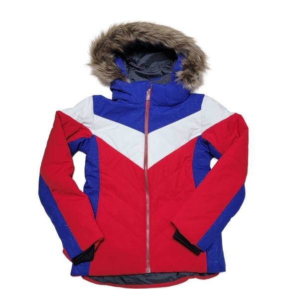 SPYDER Girls Lola Ski Jacket Red Blue Winter Jacket w Faux Fur Hood NWT $180 - Picture 8 of 9